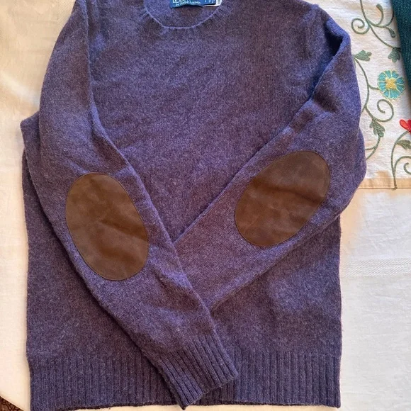 POLO Ralph Lauren Men's Heather Purple Crewneck Sweater with brown suede patches - Picture 1 of 3